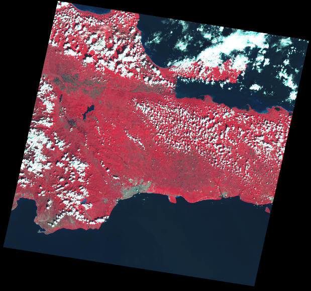 Muestra en miniatura de una imagen Landsat ETM+ del 25 de noviembre de 1999, enfocada sobre el centro de RD (fuente: http://glcf.umd.edu/)