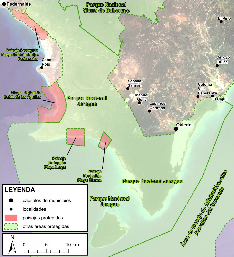 Áreas protegidas de la provincia Pedernales. Las unidades del tipo "paisaje protegido", localizadas preferentemente en el litoral occidental, se resaltan en rojo traslúcido. Sin descuidar el Parque Nacional Jaragua, debemos estar muy atentos con el destino de estos espacios. Elaborado por: Dr. José Ramón Martínez Batlle, Ph.D. (febrero 2013), a partir de imagen Landsat ETM+ (de fondo) y mapa de áreas protegidas de República Dominicana del Ministerio de Medio Ambiente y Recursos Naturales (sig.ambiente.gob.do)