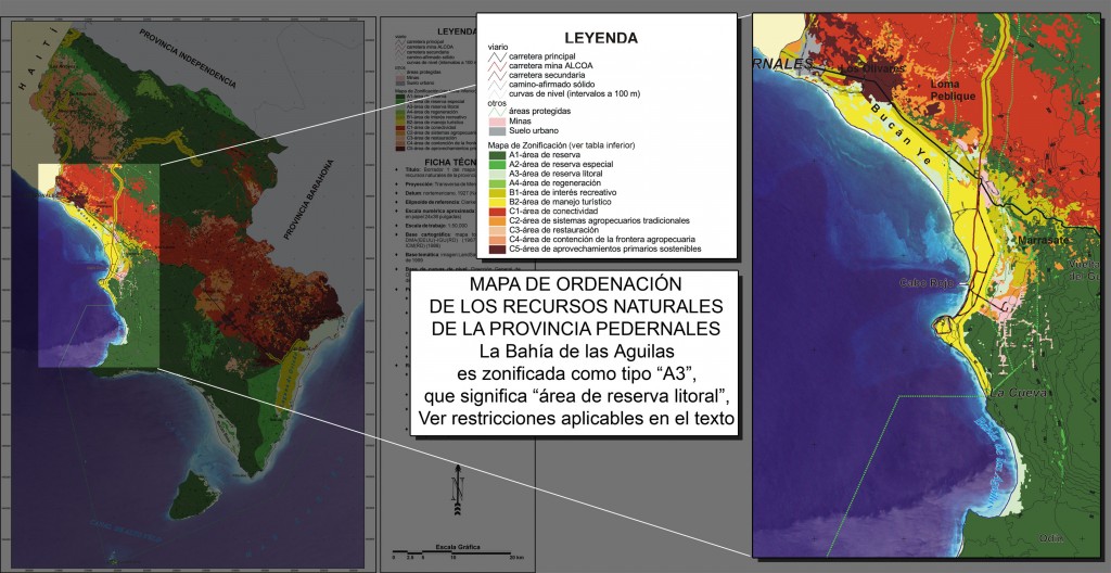 Mapa de zonificación del PORN-Pedernales, enfocado sobre la Bahía de las Águilas y el litoral entre La Cueva y Pedernales (ONAPLAN-AECID, 2004, p. 111). Hacer clic para visualizar la imagen a resolución completa (abre una nueva ventana).