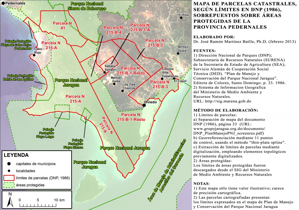 MAPA DE PARCELAS CATASTRALES, SEGÚN LÍMITES EN DNP (1986), SOBREPUESTOS SOBRE ÁREAS PROTEGIDAS DE LA PROVINCIA PEDERNALES. Elaborado por: Dr. José Ramón Martínez Batlle, Ph.D. (febrero 2013).  Haz clic sobre la imagen para visualizarla en máxima resolución.