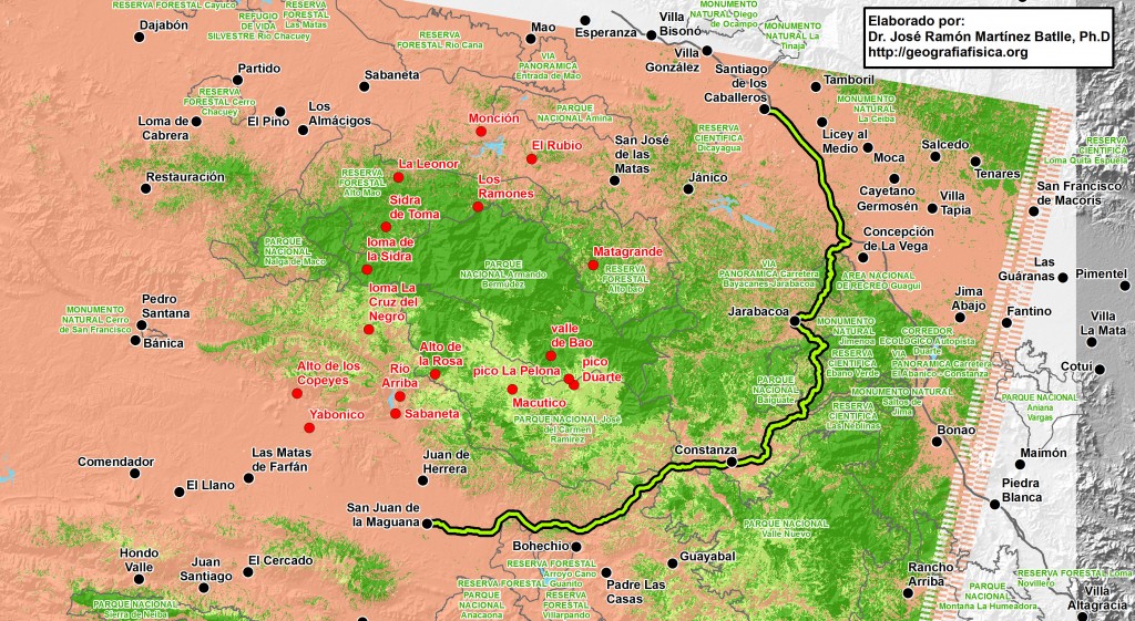 Trazado propuesto (en trazo verde con borde negro) para la carretera Cibao-Sur (hacer clic para una versión de mayor resolución). La ruta pasaría al norte de Bohechío y Padre Las Casas, para llegar, a través del cañón del río En Medio o Grande, hasta Constanza. Desde esta localidad se continuaría por carreteras preexistentes hasta llegar a Santiago. La distancia total sería de 157 km. En borde gris se muestran los límites de las áreas protegidas, debidamente rotuladas con letra verde.