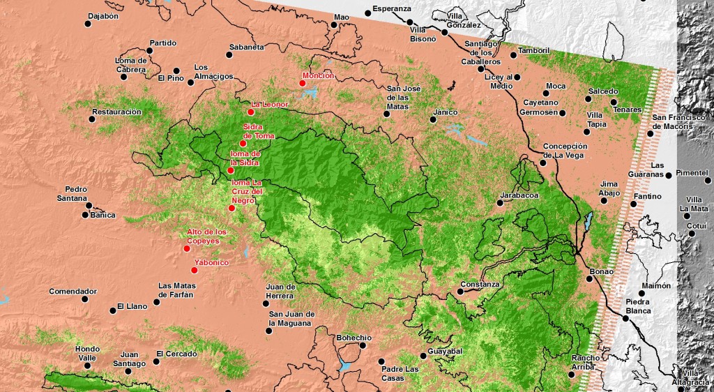 Imagen de coberturas generales de la cordillera Central (hacer clic para una versión de mayor resolución). El verde oscuro corresponde a los bosques estables en los últimas décadas y el verde claro a los bosques en recuperación (la mayoría, tras el incendio de 2005). El rosado representa las áreas con cobertura herbácea, la mayoría dedicada a cultivos de ciclo corto y pastizales. Las localidades en rojo son algunas de las incluidas en el trazado Yabonico-Monción. Los polígonos de borde negro representan las áreas protegidas.