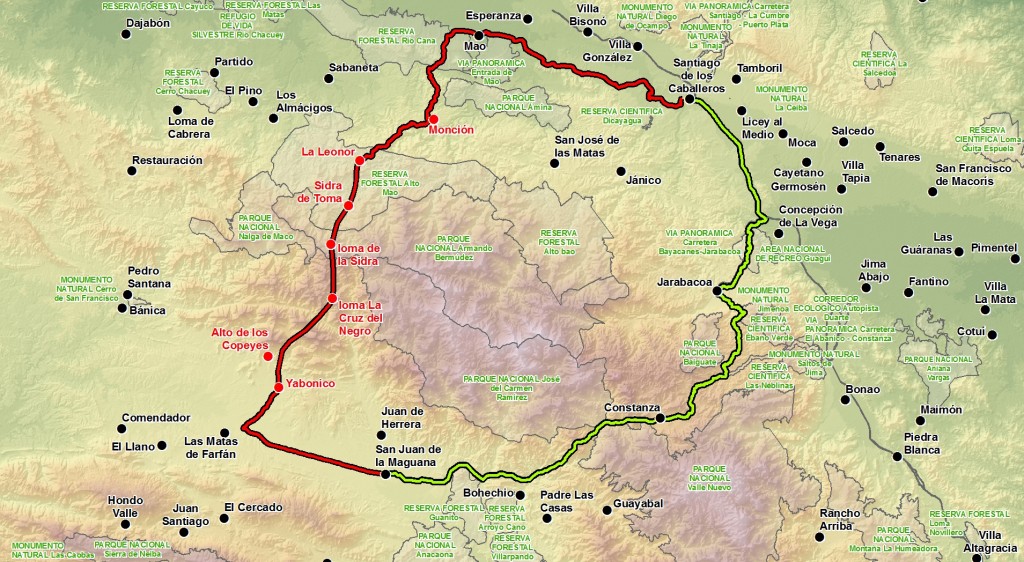 Representación libre del indeseable trazado Yabonico-Monción para la carretera Cibao-Sur (en trazo rojo con borde negro), uniendo Monción con Santiago a través de Mao y la autopista Duarte. (hacer clic para una versión de mayor resolución). Se muestra también el menos impactante y más óptimo trazado por Bohechío-Padre Las Casas-Constanza (en trazo verde con borde negro). Las localidades en rojo son algunas de las incluidas en el trazado Yabonico-Monción. Las áreas protegidas se representan con borde gris oscuro y relleno del mismo color traslucido.