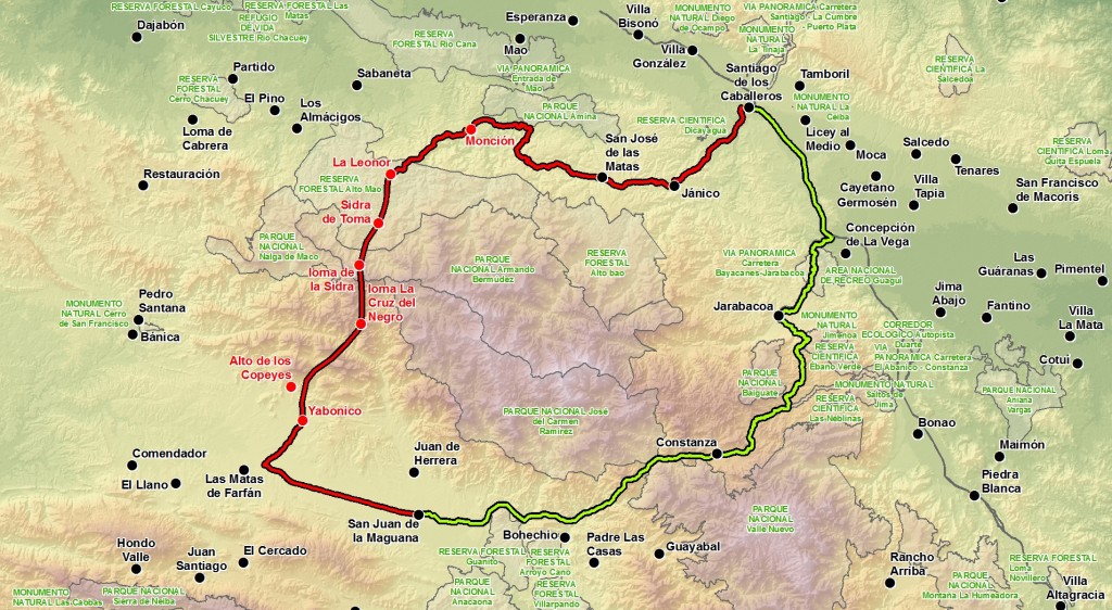 Representación libre del indeseable trazado Yabonico-Monción para la carretera Cibao-Sur (en trazo rojo con borde negro), uniendo Monción con Santiago a través de San José de las Matas y Jánico (hacer clic para una versión de mayor resolución). Se muestra también el menos impactante y más óptimo trazado por Bohechío-Padre Las Casas-Constanza (en trazo verde con borde negro). Las localidades en rojo son algunas de las incluidas en el trazado Yabonico-Monción. Las áreas protegidas se representan con borde gris oscuro y relleno del mismo color traslucido.