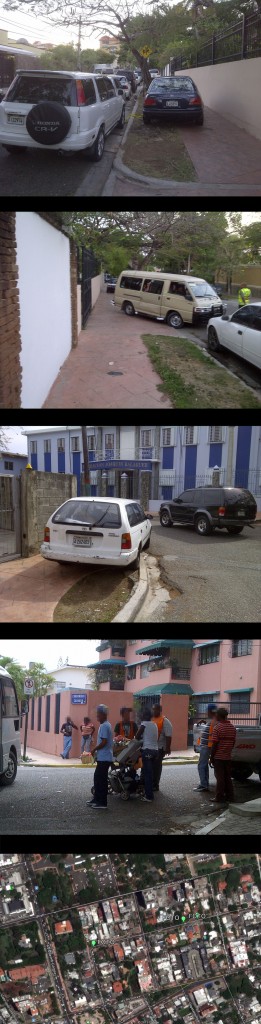 Avenida Caonabo; ver localización de las distintas fotos en mapa inferior hecho con GoogleEarth (Foto: J. Martínez, viernes 3 y domingo 5 de mayo de 2013, sobre las 3 pm). En las tres fotos superiores, vehículos estacionados en las aceras norte y sur de la Caonabo, con ayuda de los "parqueadores". En la foto inferior, "parqueadores" reunidos en la esquina Caonabo con Máximo Cabral.  Estos "nobles" señores, ayudan a los conductores a ocupar las aceras, estacionar en doble fila, obstruir el tráfico, entre otras lindezas, y todo por una insignificante cantidad de dinero (el último día de la Feria los escuche cobrando RD$100.00 por ayudar a los conductores a estacionar en la acera). OCUPACIÓN DE ESPACIO PÚBLICO. CAOS TOTAL.