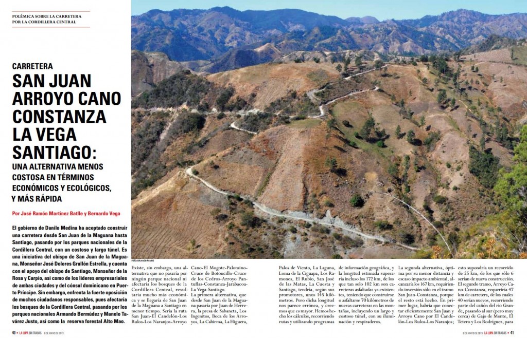 Portada del artículo "Carretera San Juan-Arroyo Cano-ConStanza-La Vega-Santiago: una alternativa menos costosa en términos económicos y ecoLógicos, y máS rápida", por José Ramón Martínez Batlle y Bernardo Vega