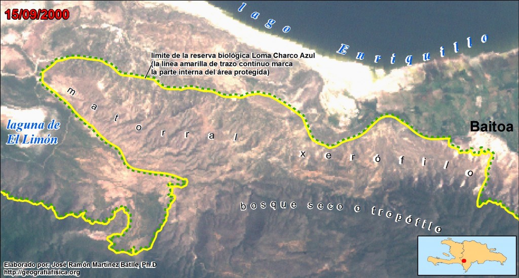 Mapa del límite septentrional de la reserva biológica Loma Charco Azul, mostrando parte del lago Enriquillo y de la laguna de El Limón (hacer clic para una versión de mayor resolución), sobre una imagen del satélite Landsat 7, de fecha 15 septiembre de 2000. Elaborado por José Ramón Martínez Batlle, Ph.D