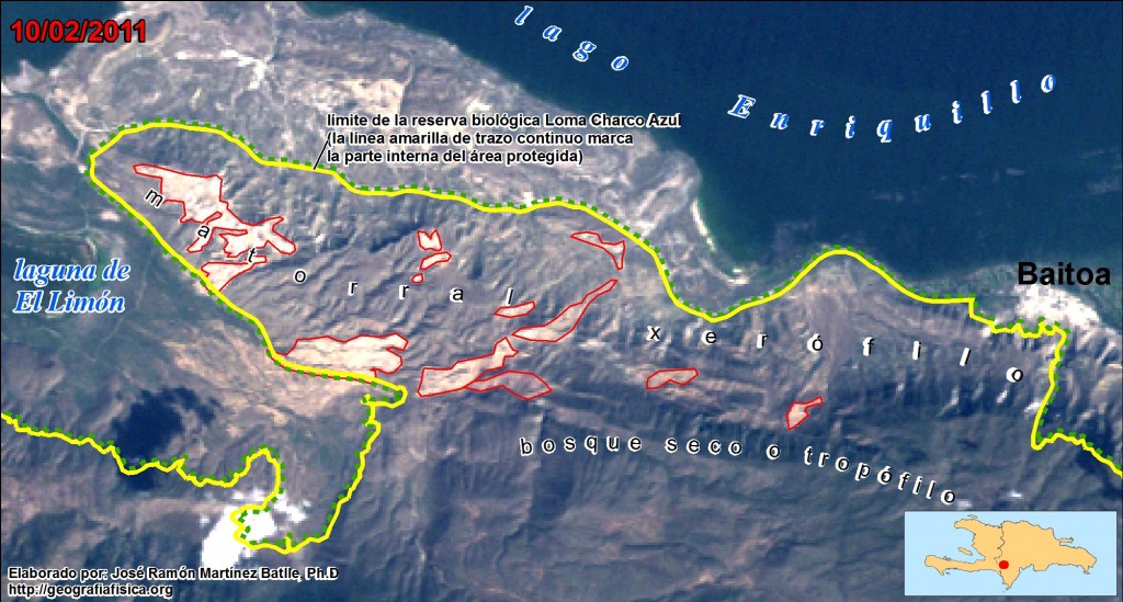 Mapa del límite septentrional de la reserva biológica Loma Charco Azul, mostrando parte del lago Enriquillo y de la laguna de El Limón (hacer clic para una versión de mayor resolución), sobre una imagen del célebre satélite Landsat 5, de fecha 10 de febrero de 2011. Elaborado por José Ramón Martínez Batlle, Ph.D