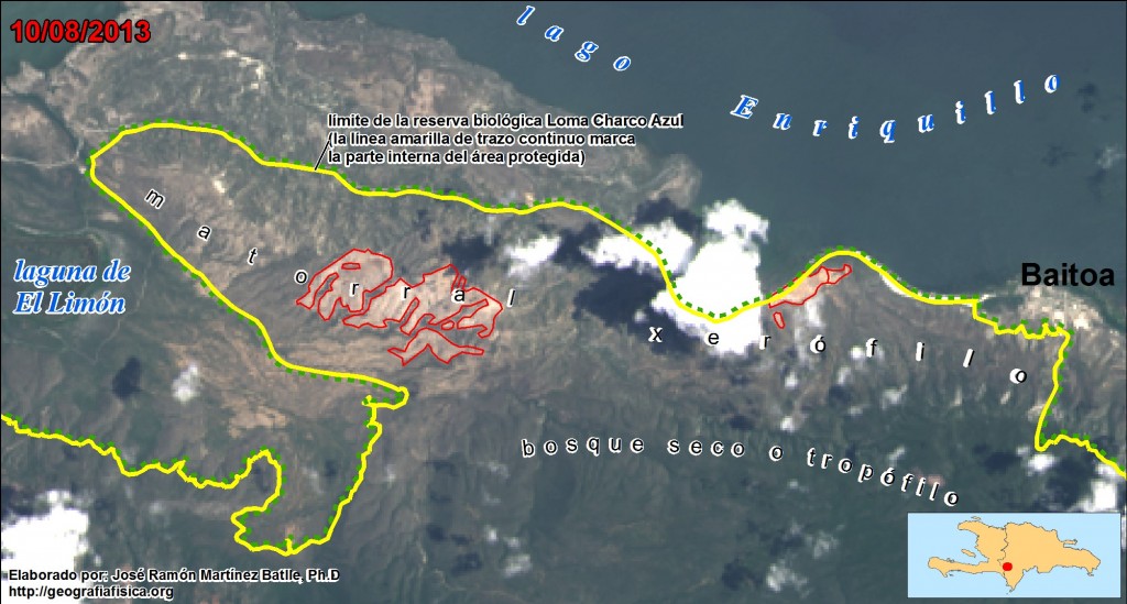 Mapa del límite septentrional de la reserva biológica Loma Charco Azul, mostrando parte del lago Enriquillo y de la laguna de El Limón (hacer clic para una versión de mayor resolución), sobre una imagen reciente del satélite Landsat 8, de fecha 10 de agosto de 2013. Elaborado por José Ramón Martínez Batlle, Ph.D