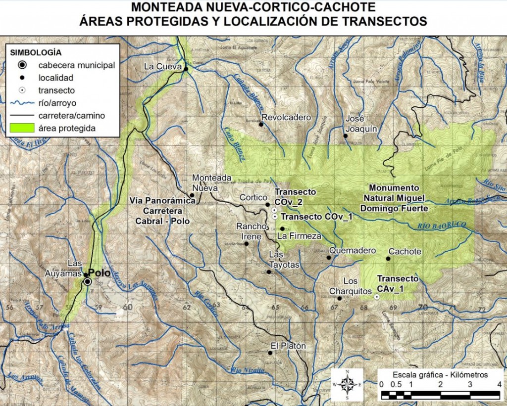 Mapa de localización de transectos y áreas protegidas de Monteada Nueva, Cortico y Cachote, para comunicación presentada en XII Jornadas Científico-Universitarias (UASD, 2013), por Martínez Batlle et al.