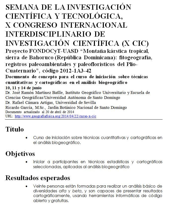 Primera página del documento de concepto para el curso de iniciación sobre técnicas cuantitativas y cartográficas en el análisis biogeográfico