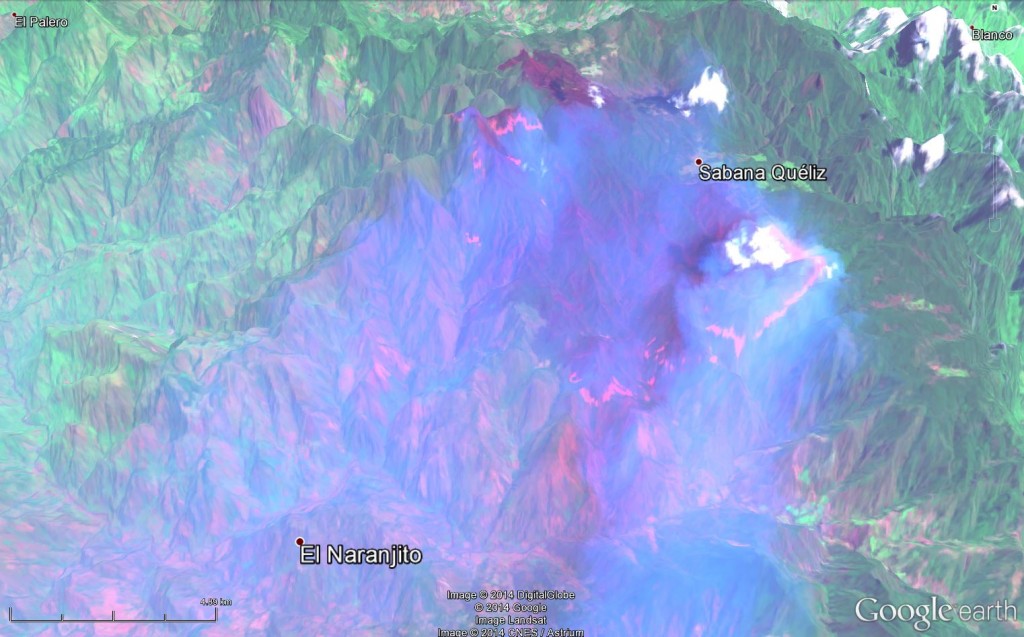 Composición en falso color de escena Landsat 8, de fecha 28 de junio de 2014 a las 11.08 am, enfocada sobre la pluma de humo que se dirige hacia el sur, procedente del incendio de Valle Nuevo. La vista es tridimensional, mirando desde el sur hacia el norte, y usando la herramienta GoogleEarth. La imagen Landsat fuente es un producto del USGS, disponible en http://earthexplorer.usgs.gov/