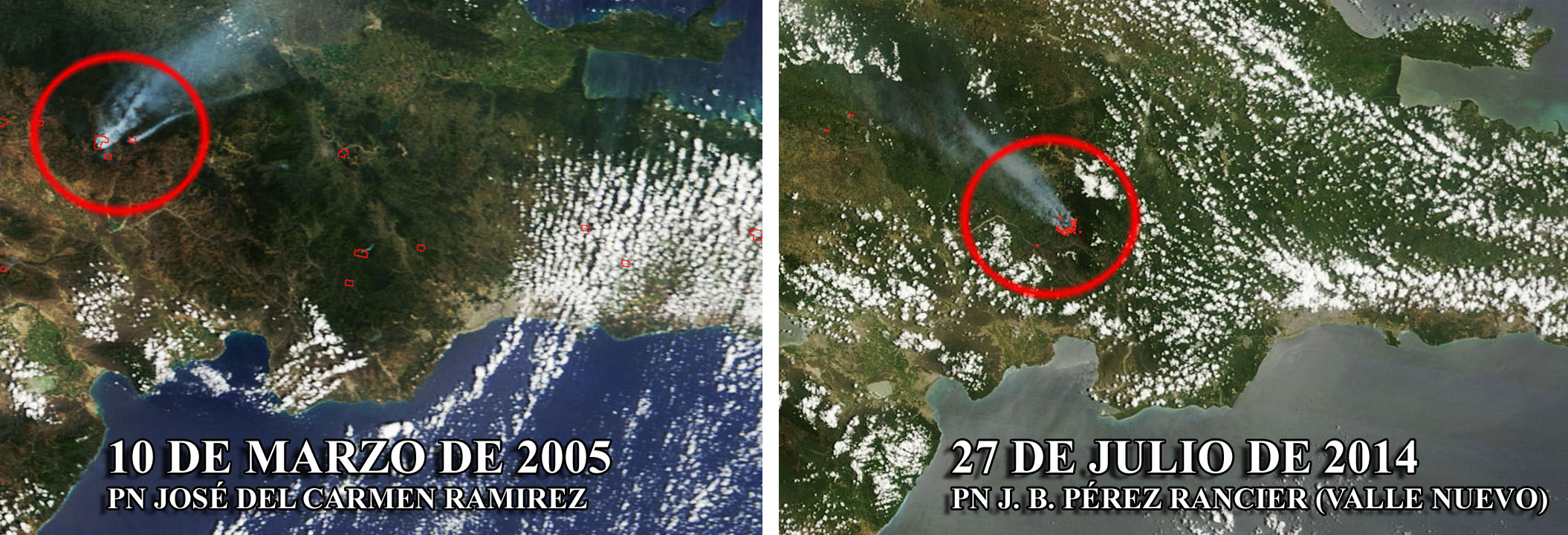 Incendio 2005 PN José del Carmen Ramírez vs. incendio 2014 Valle Nuevo, vistos por el sensor MODIS