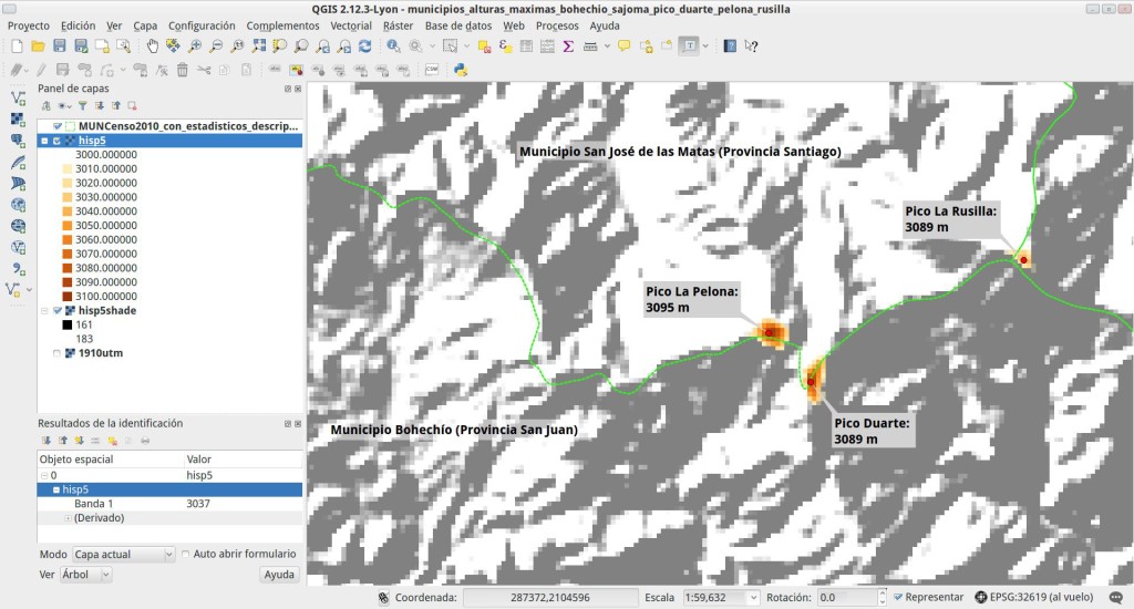 Límites de los municipios Bohechío y San José de las Matas, con indicación de las alturas máximas en los picos Duarte y La Pelona