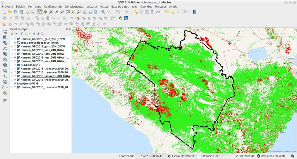 Cobertura arbórea de más de un 50% en el año 2000 (manchas verdes) y pérdida de bosque entre 2000 y 2014 (manchas rojas), en el parque nacional Sierra de Bahoruco